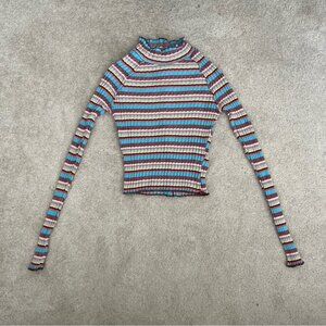 Free People Mirror Blue Striped‎ Mock Neck Long Sleeve Top